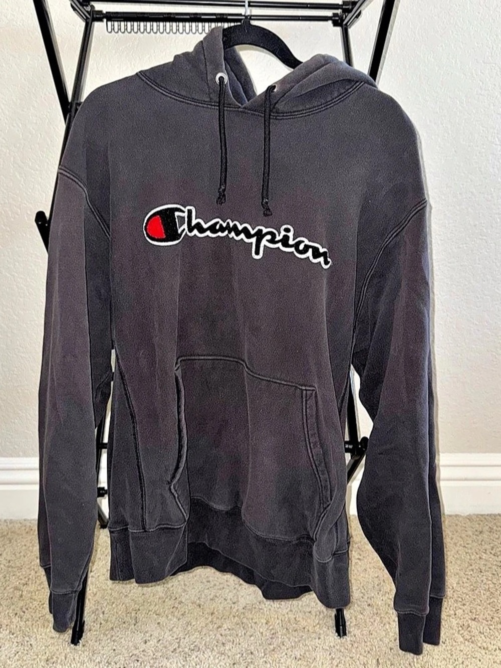 Champion Reverse Weave Washed Black Big Script Logo Hoodie Mens Large